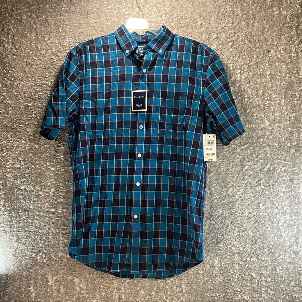 Club Room Mens Plaid Short Sleeve Button Down Shirt Blue Small Cotton Pocket NWT